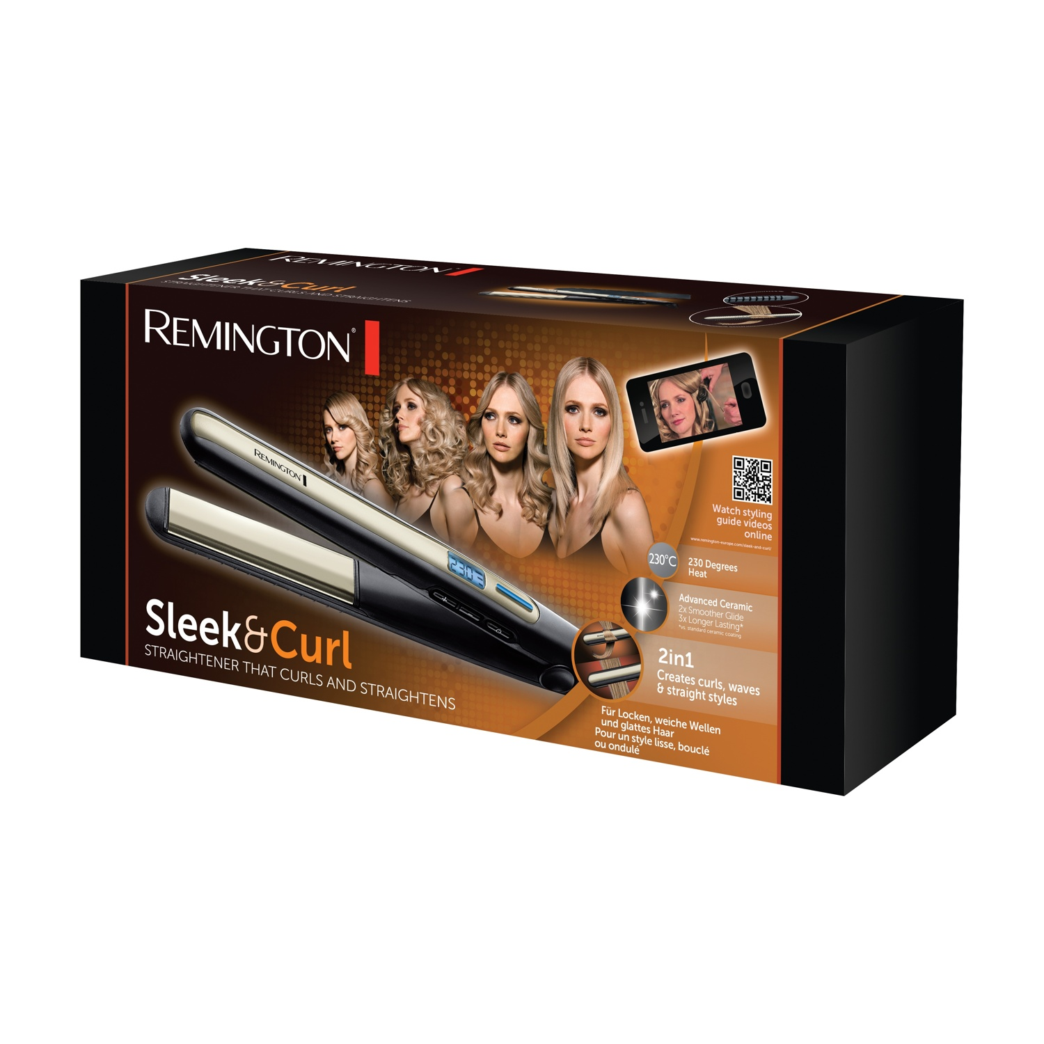 Scatola piastra Remington Sleek & Curl con immagini prodotto e consigli styling.