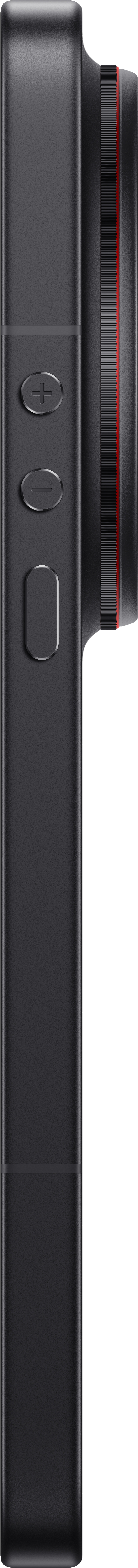 Schwarzes Kameragehäuse mit Objektiv, Zoom- und Aufnahmetasten.