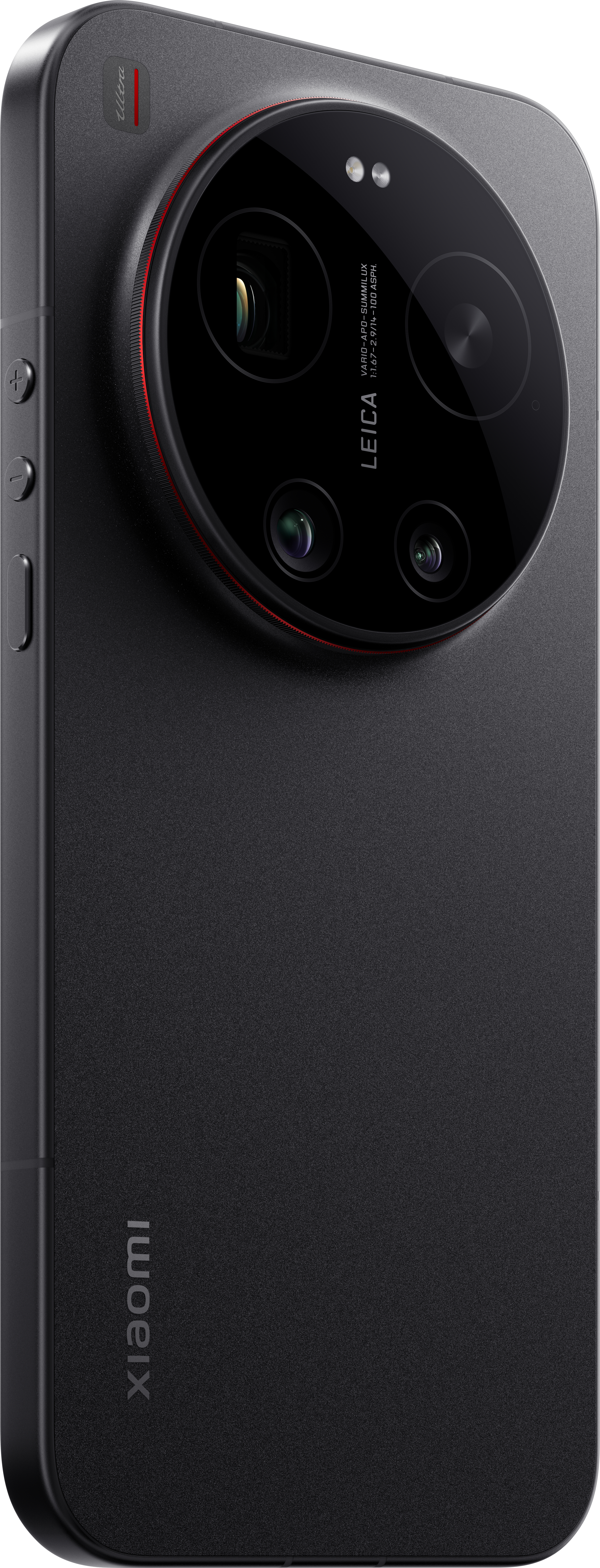 Schwarzes Smartphone mit großem, rundem Kameramodul mit Leica-Branding.