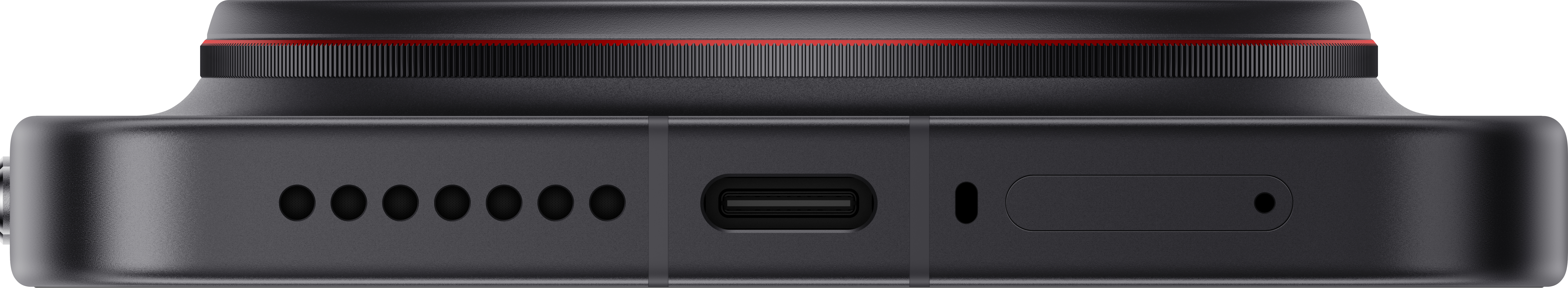 Nahaufnahme eines schwarzen Geräts mit USB-C-Anschluss, Lautsprechergrill und rotem Ring.