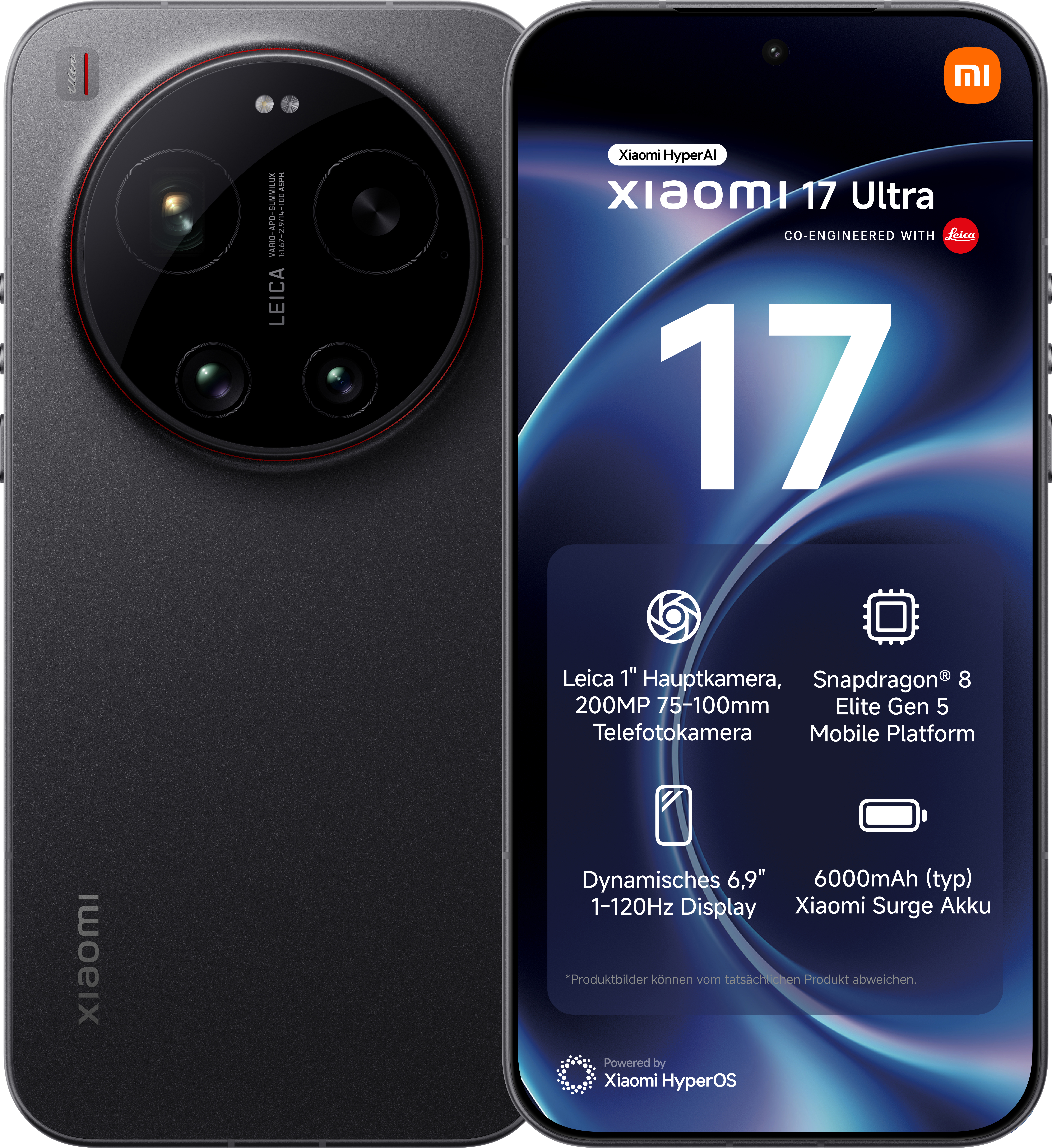 Schwarzes Xiaomi 17 Ultra Smartphone mit Leica-Kamera und "17" auf dem Display.