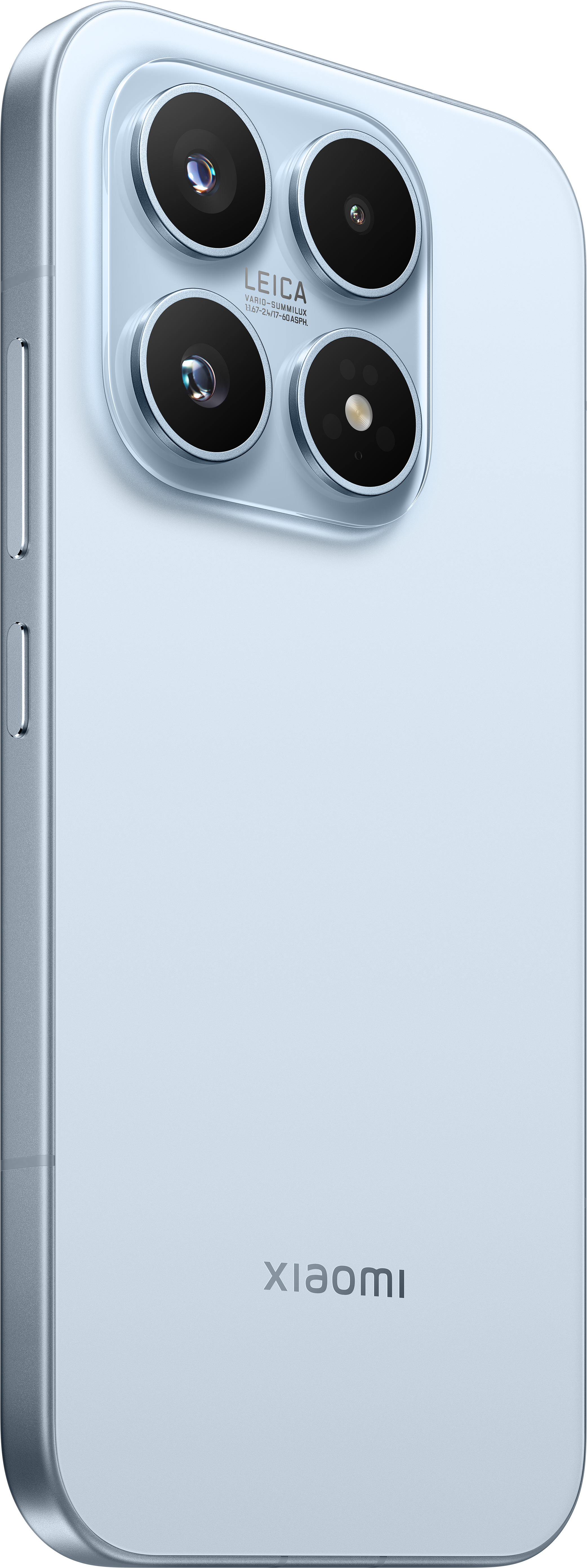 Ein hellblaues Smartphone mit vier Kameras und Leica-Schriftzug.