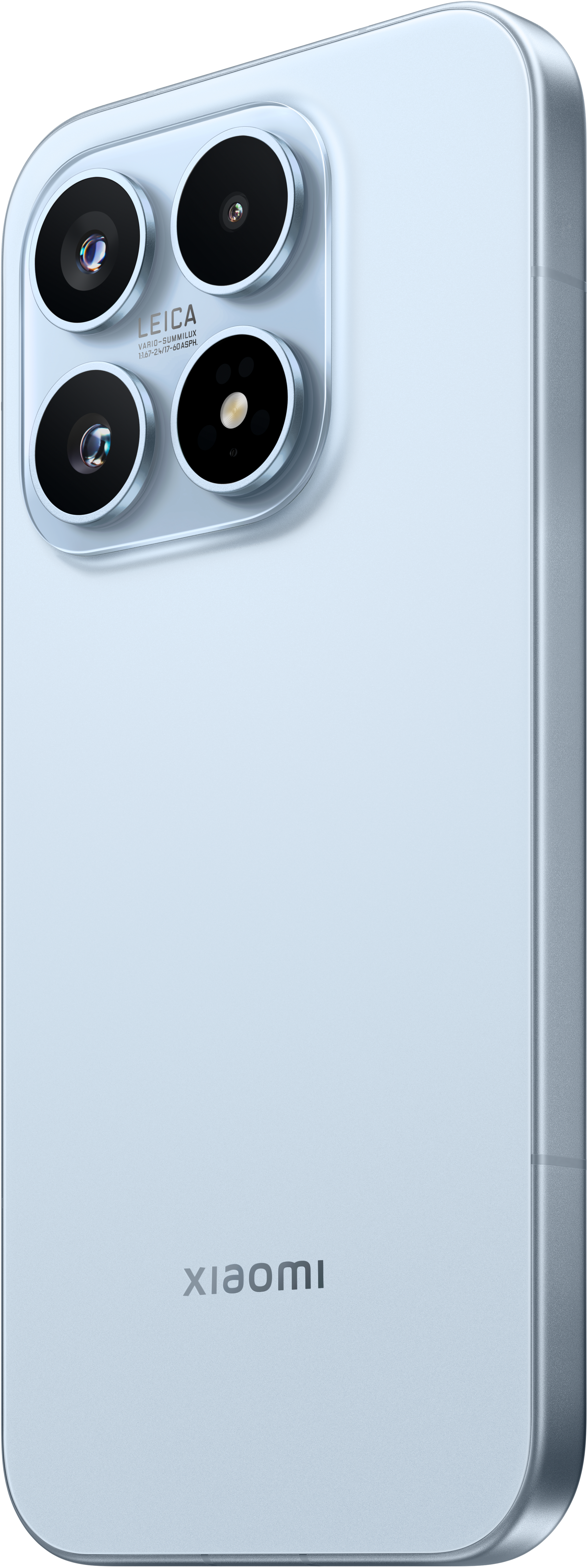 Ein hellblaues Smartphone mit vier Kameras und Leica-Branding.