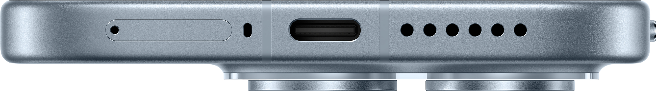 Nahaufnahme der Unterseite eines silbernen Smartphones mit USB-C-Anschluss.