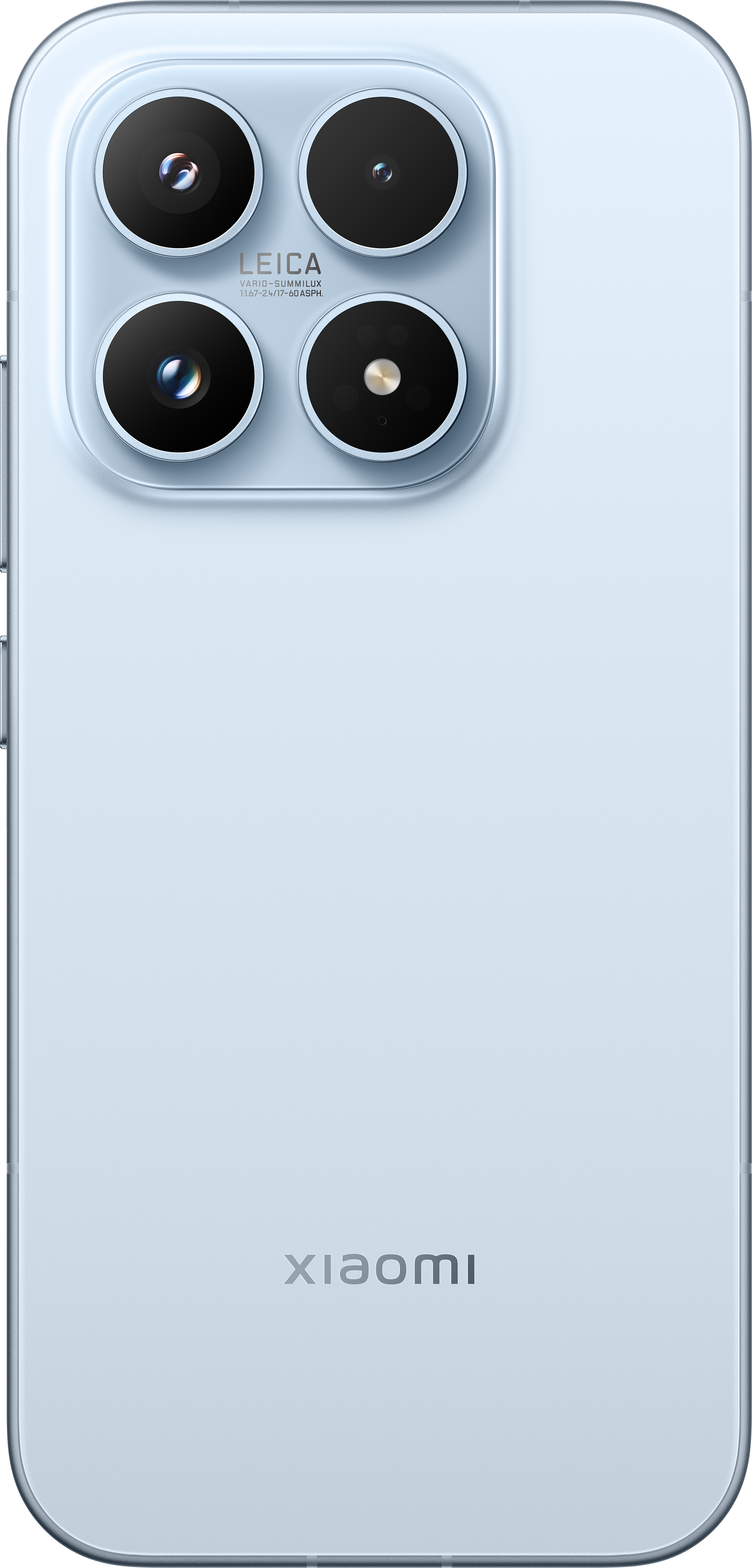 Hellblaues Smartphone mit vier Kameras und Leica-Logo.