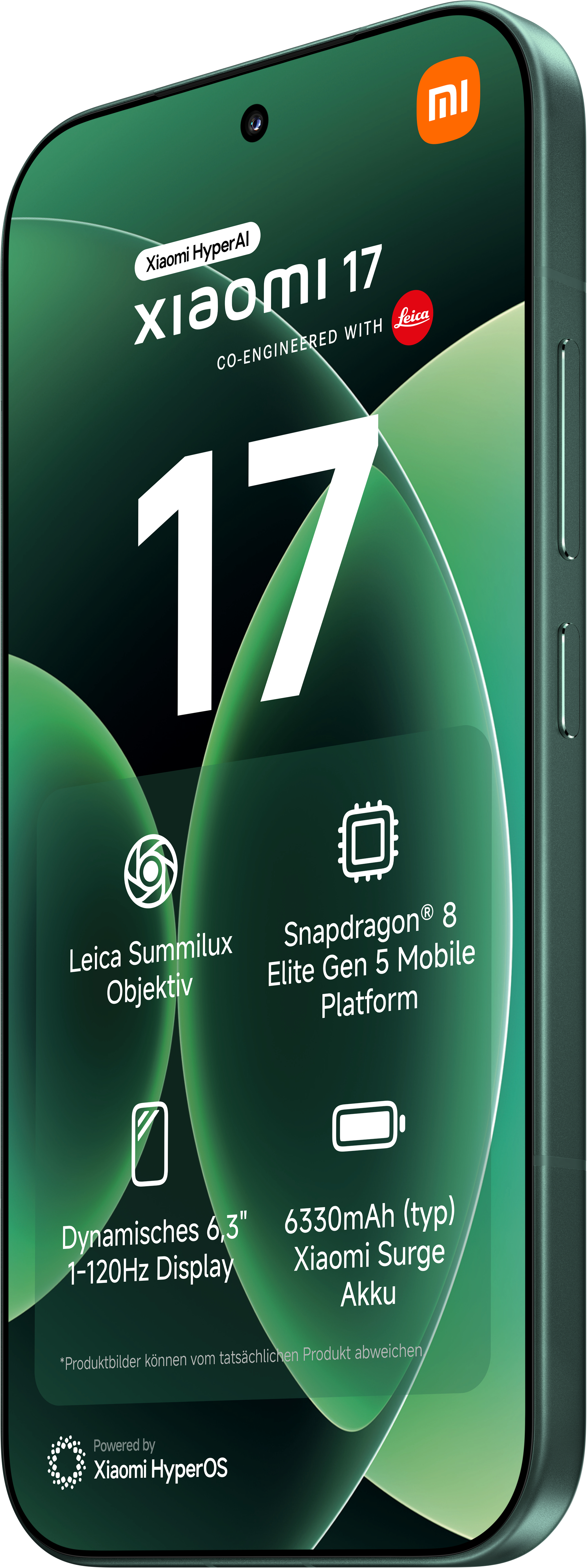 Xiaomi 17 Handy mit Leica Objektiv, Snapdragon 8, 6,3" Display und 6330mAh Akku.