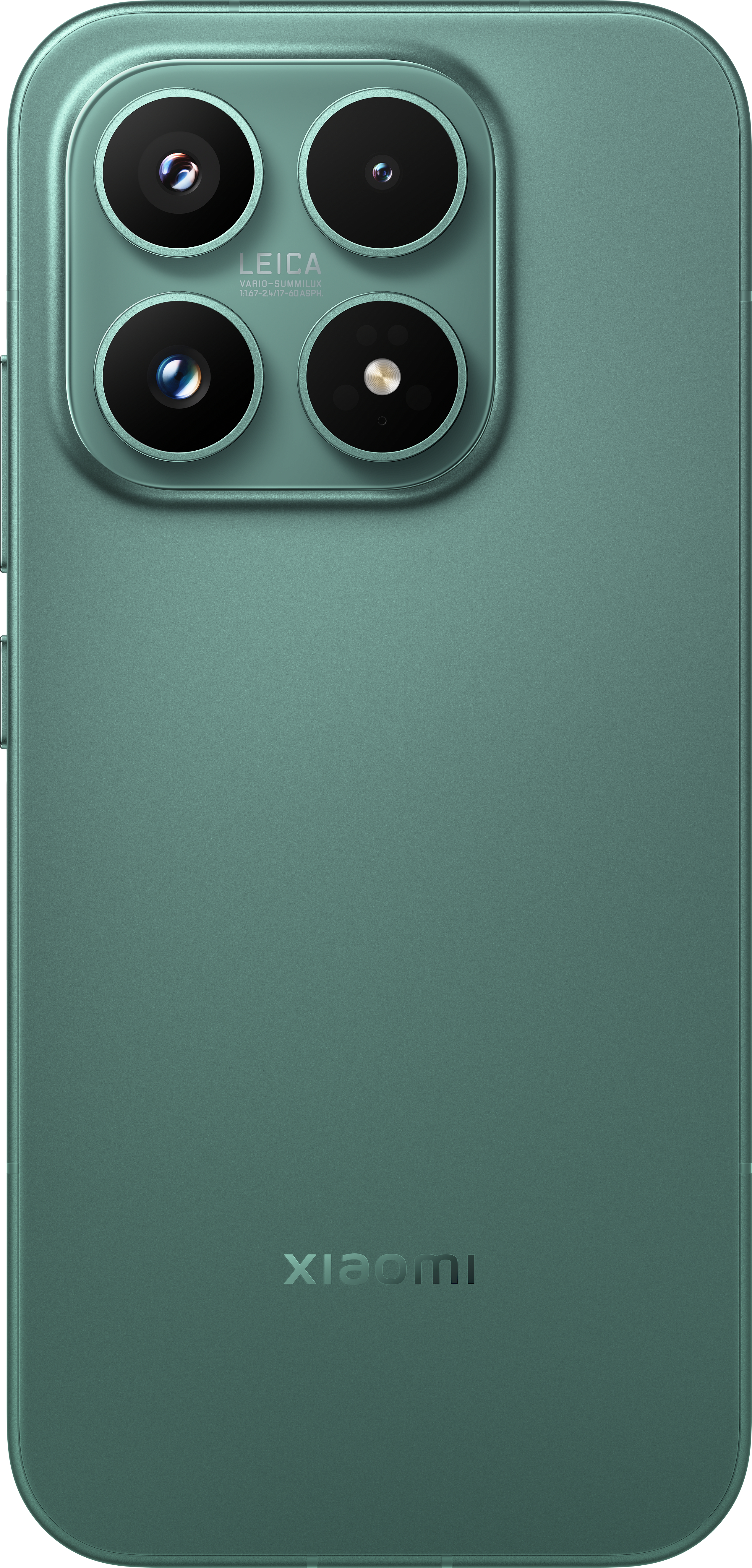Rückseite eines grünen Smartphones mit vier Kameras und Leica-Logo.