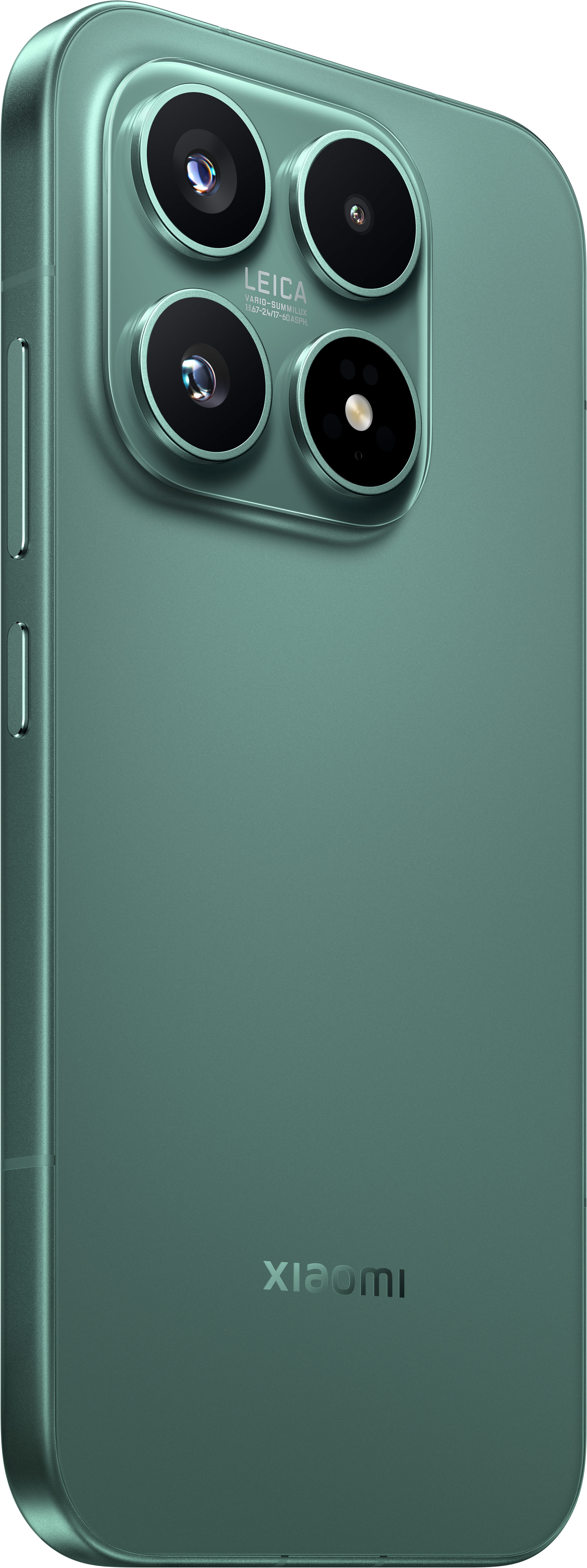 Grünes Smartphone mit vierfacher Leica-Kamera und Xiaomi-Logo.