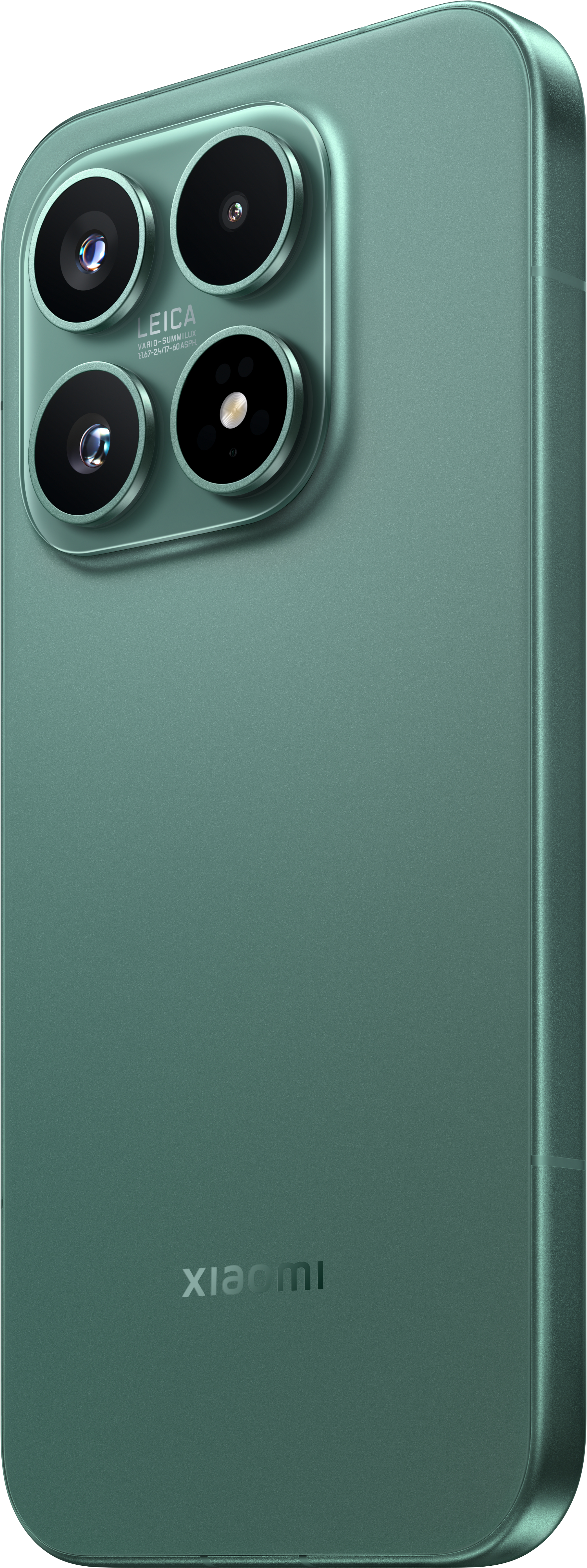 Rückseite eines grünen Xiaomi-Smartphones mit vierfacher Leica-Kamera.