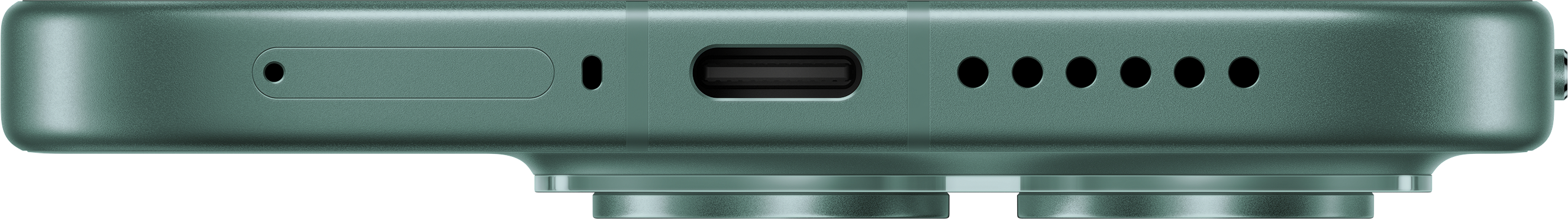 Naheaufnahme der Unterseite eines türkisfarbenen Geräts mit USB-C-Anschluss und Lautsprecheröffnungen.