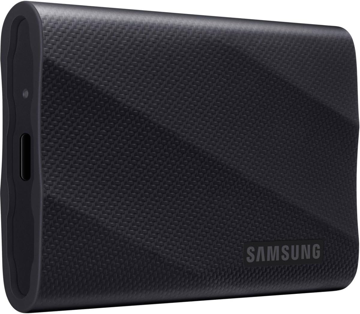 Doku kaplamalı, USB-C portlu siyah Samsung SSD.