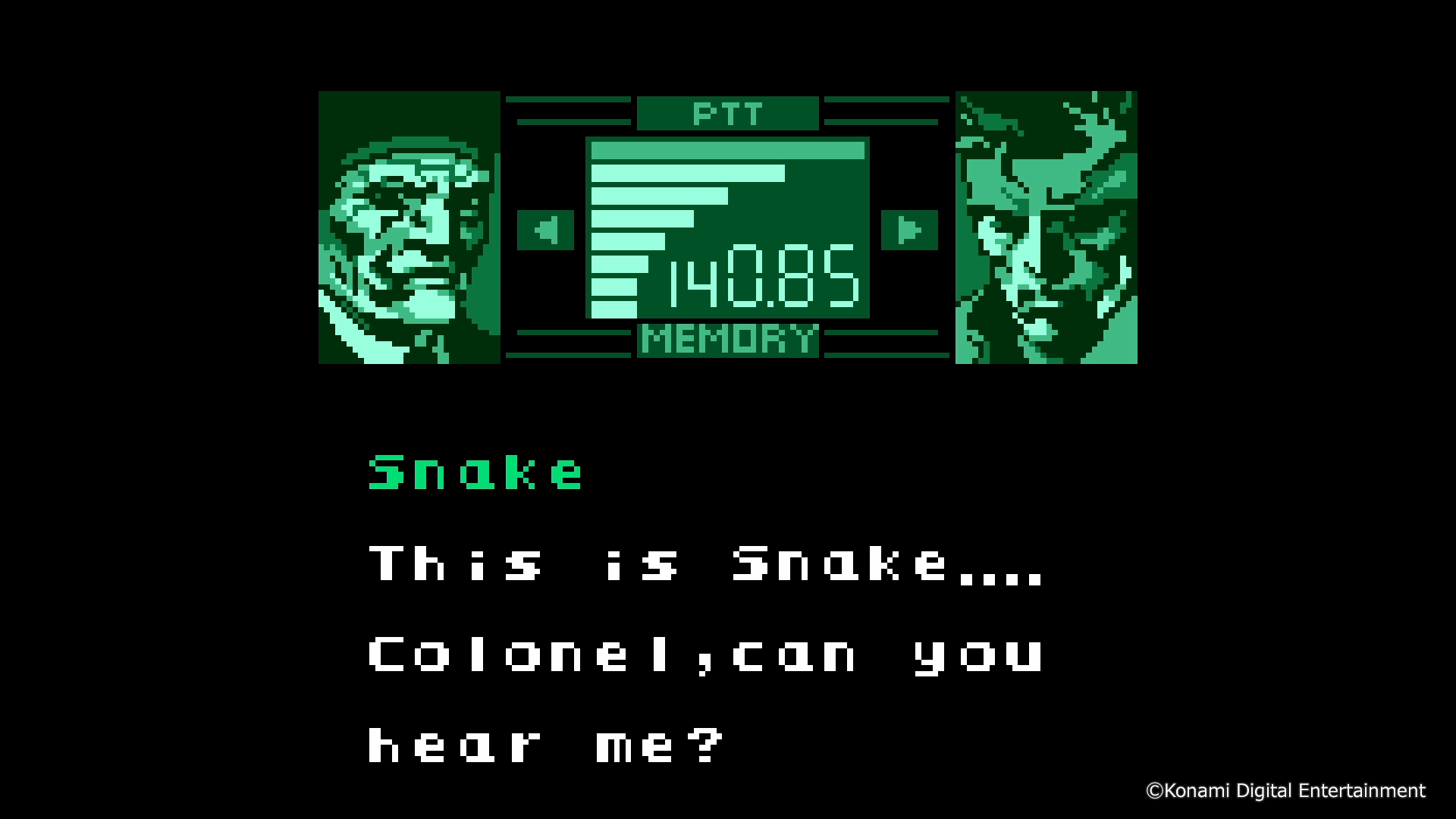Grafika pikselowa: Dwie twarze, radio z 140.85, tekst 'Snake... Pułkowniku, słyszysz mnie?'