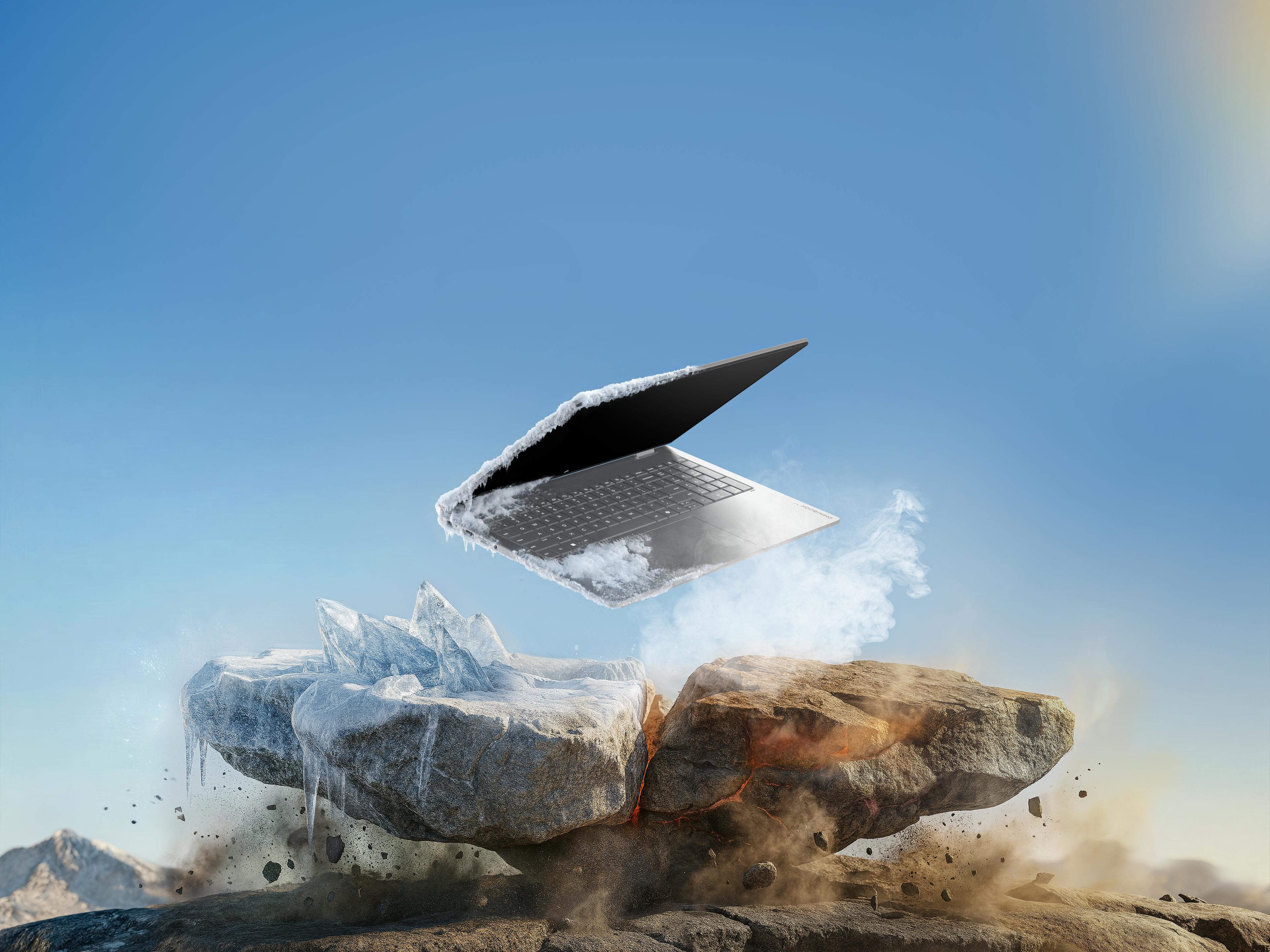 Ein eisbedeckter Laptop schwebt über zerklüfteten Felsen, ein Teil ist gefroren, der andere glüht.