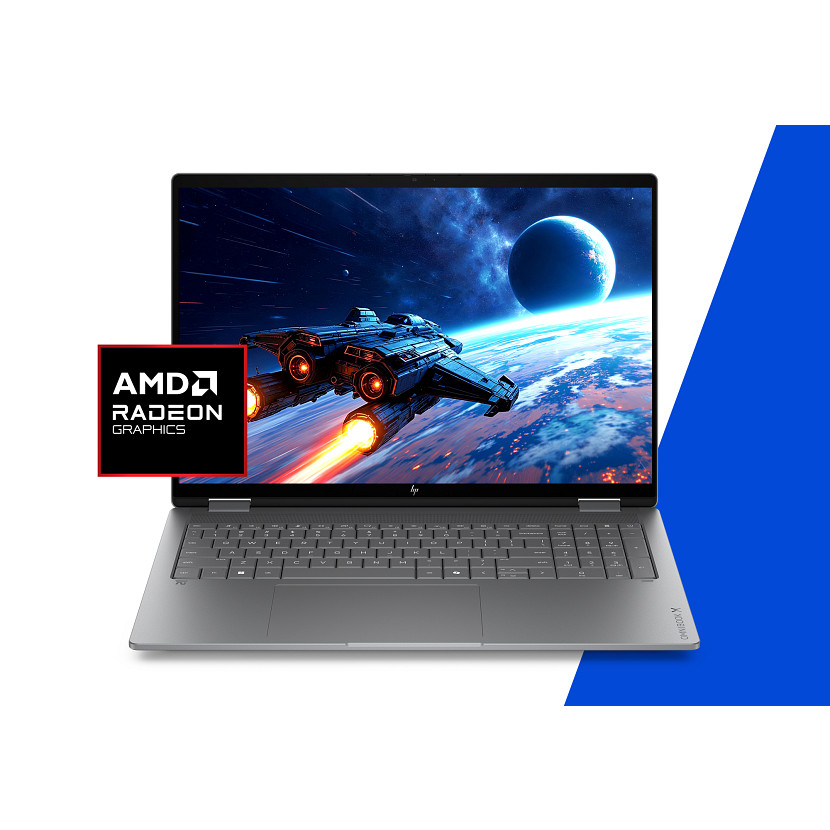 Laptop wyświetla statek kosmiczny w kosmosie. Logo AMD Radeon Graphics po lewej.