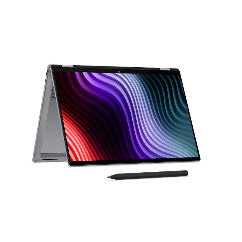 Srebrny laptop z kolorowym, falistym tłem i rysikiem.
