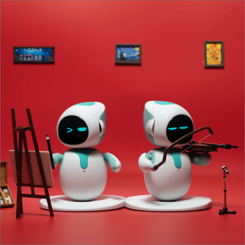 Két robot piros háttérrel, egyik fest, másik hegedül.