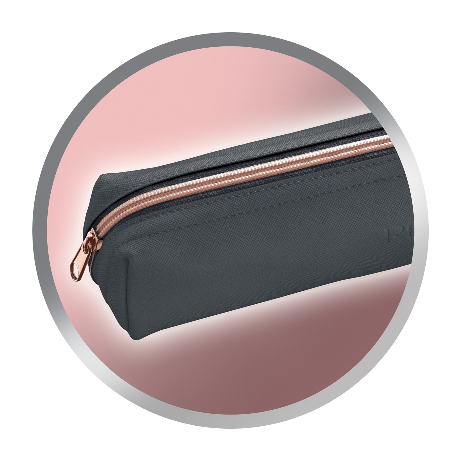 Necessaire rettangolare grigio con zip color oro rosa.