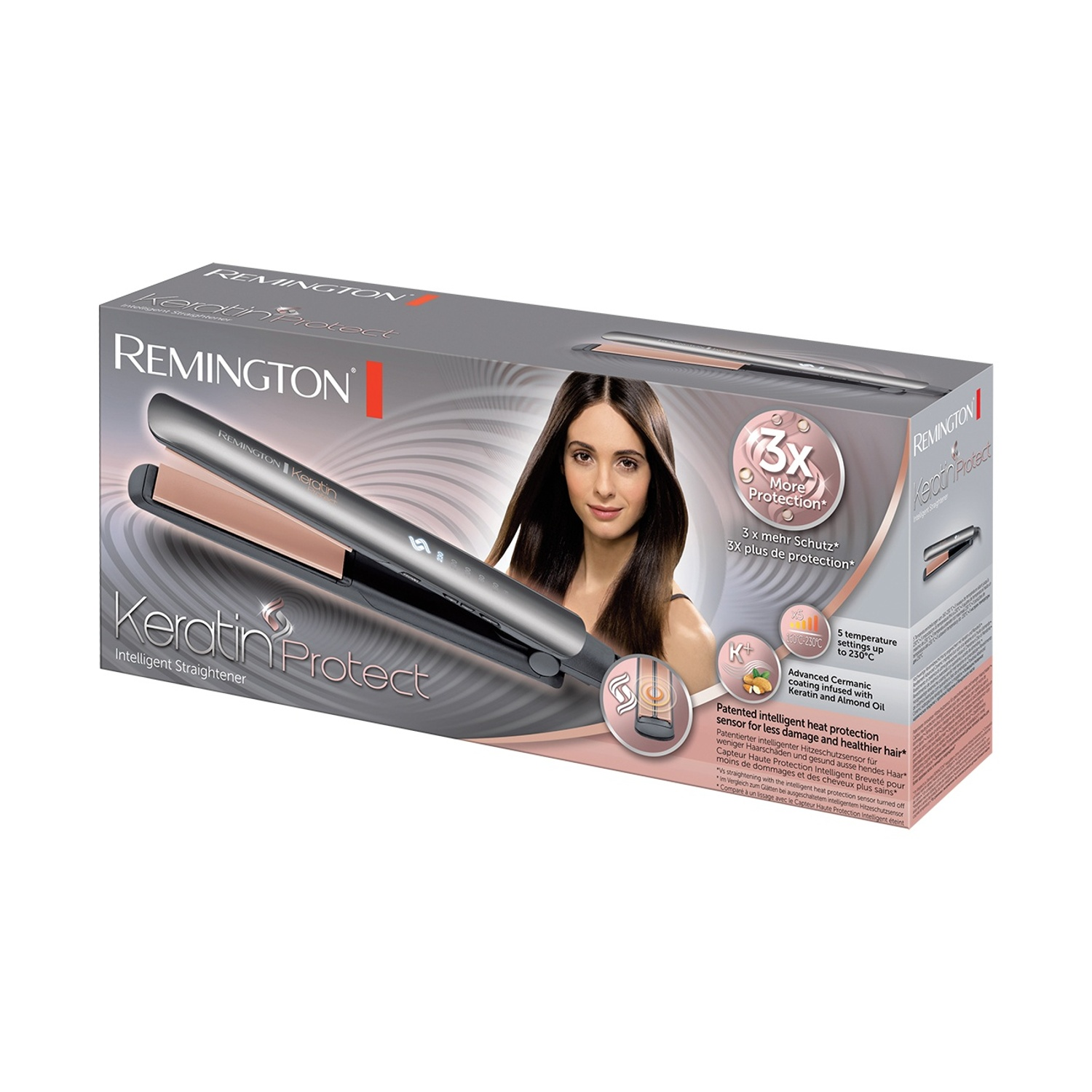 Confezione piastra Remington Keratin Protect con donna e prodotto.