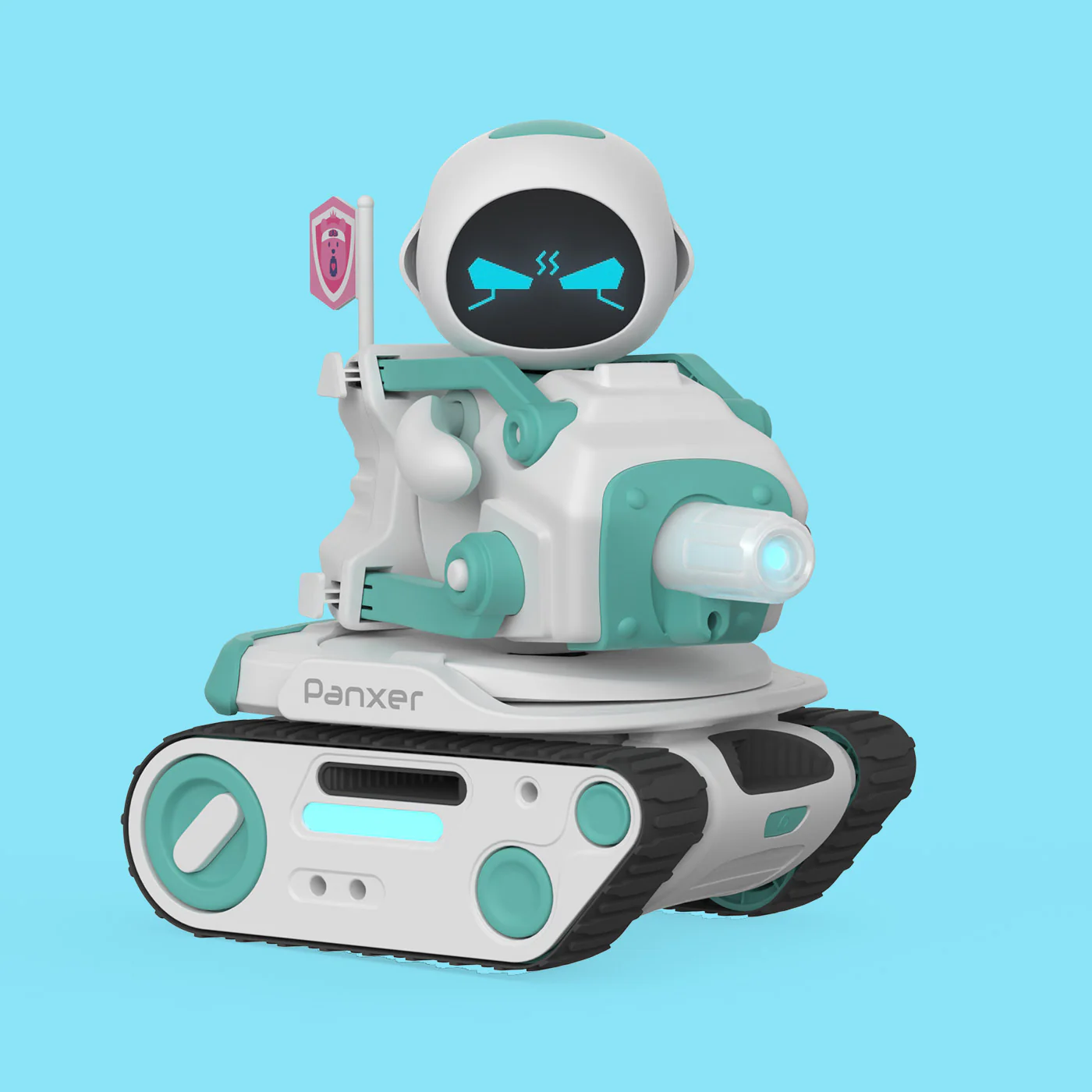 Egy fehér és türkiz színű, lánctalpas robot áll kék háttér előtt.