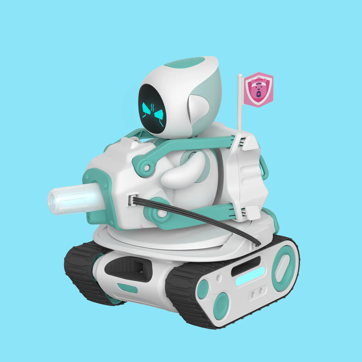 Fehér és mentazöld robot lánctalpas jármű, ágyúval és lobogóval.