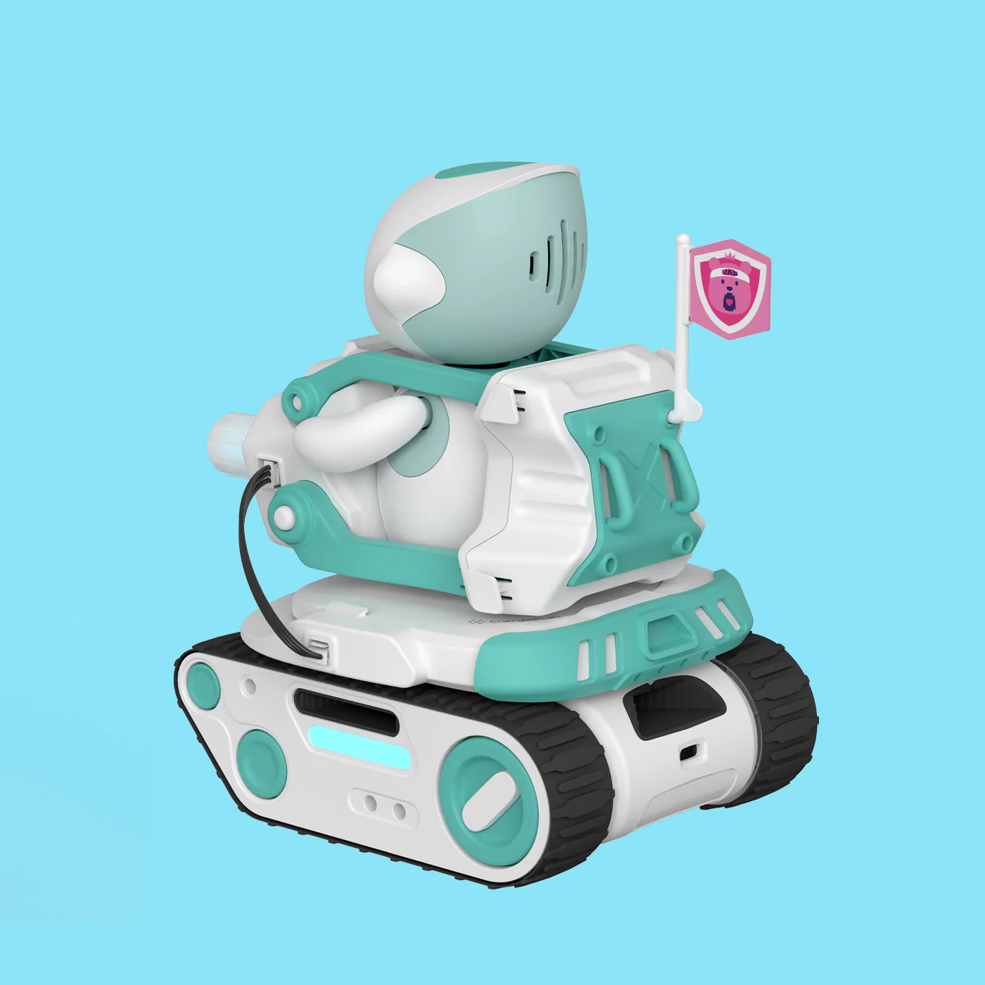 Egy fehér és türkiz robot lánctalpakkal és zászlóval.