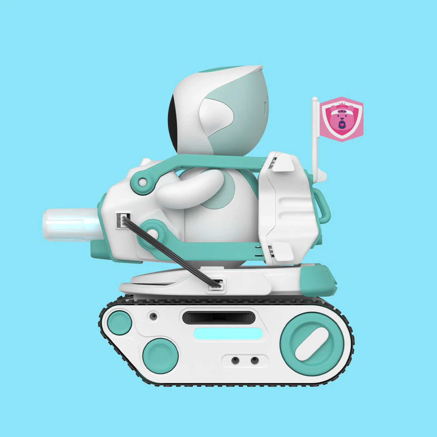 Egy fehér és türkiz robot lánctalpakkal és zászlóval kék háttéren.