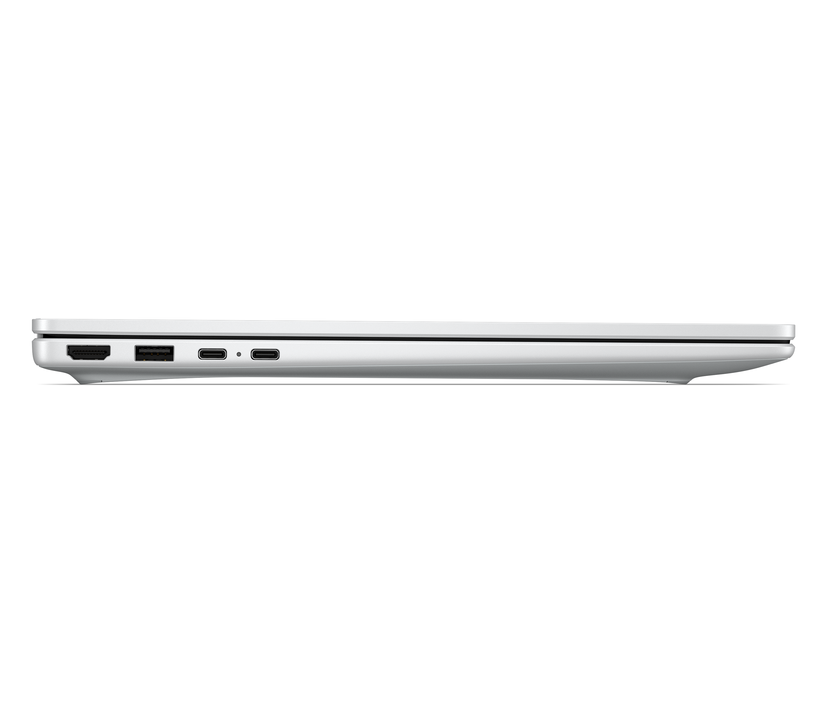 Weiße Laptops-Seite mit HDMI-, USB-A- und zwei USB-C-Anschlüssen.