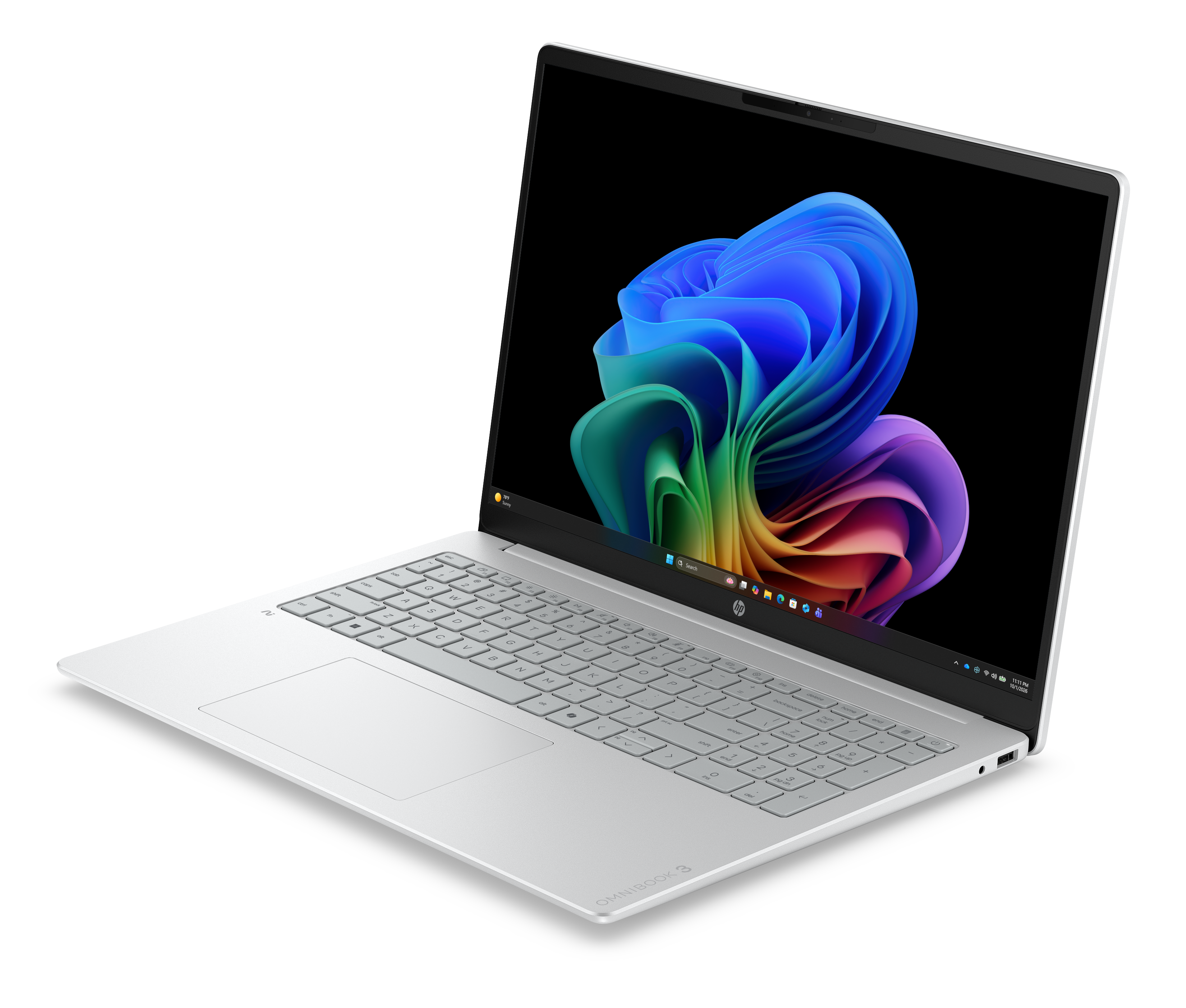 Ein silberner HP Omnibook 3 Laptop mit einem bunten abstrakten Hintergrund.