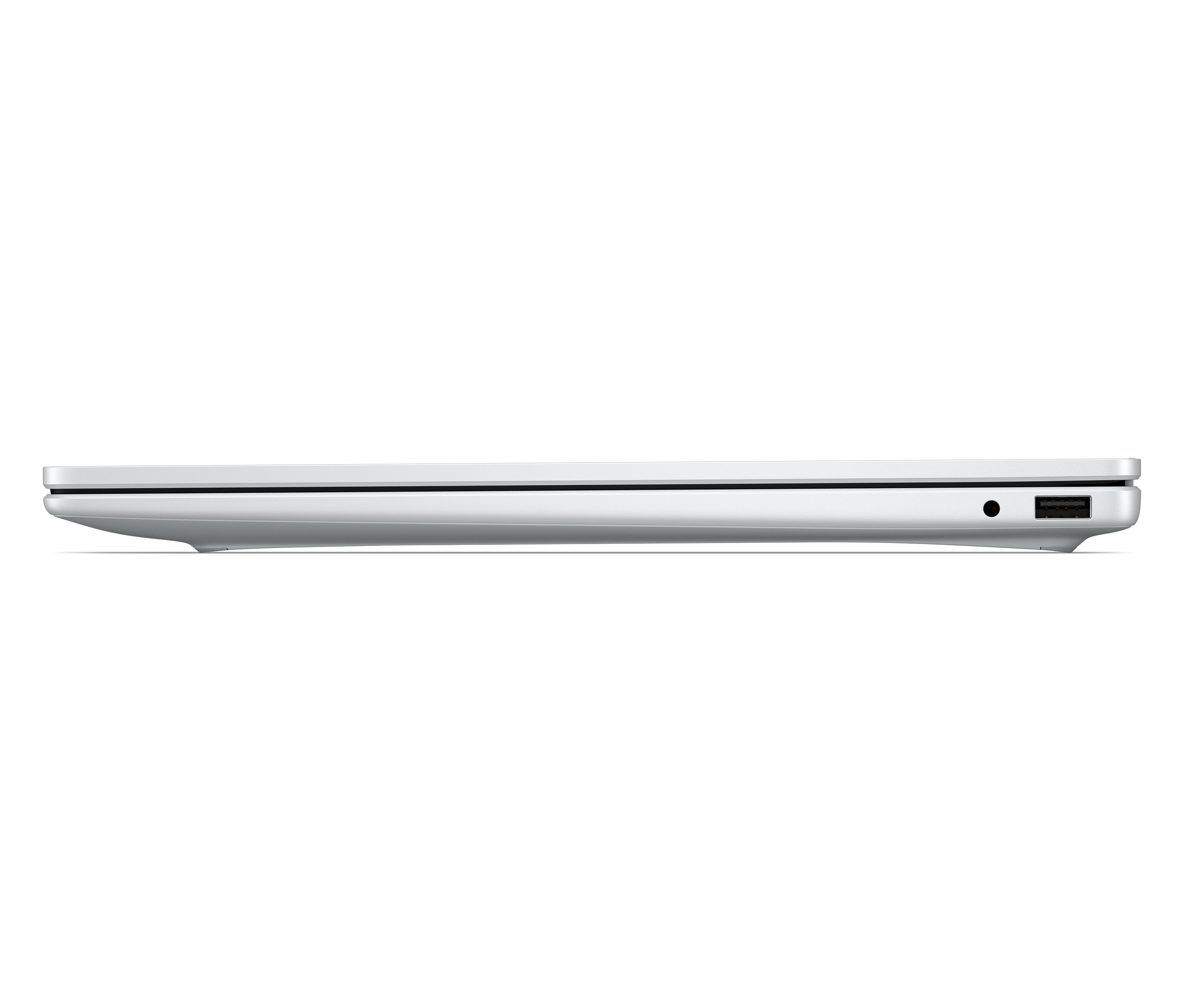 Geschlossenes silbernes Laptop von der Seite, mit USB-Anschluss und Kopfhörerbuchse.