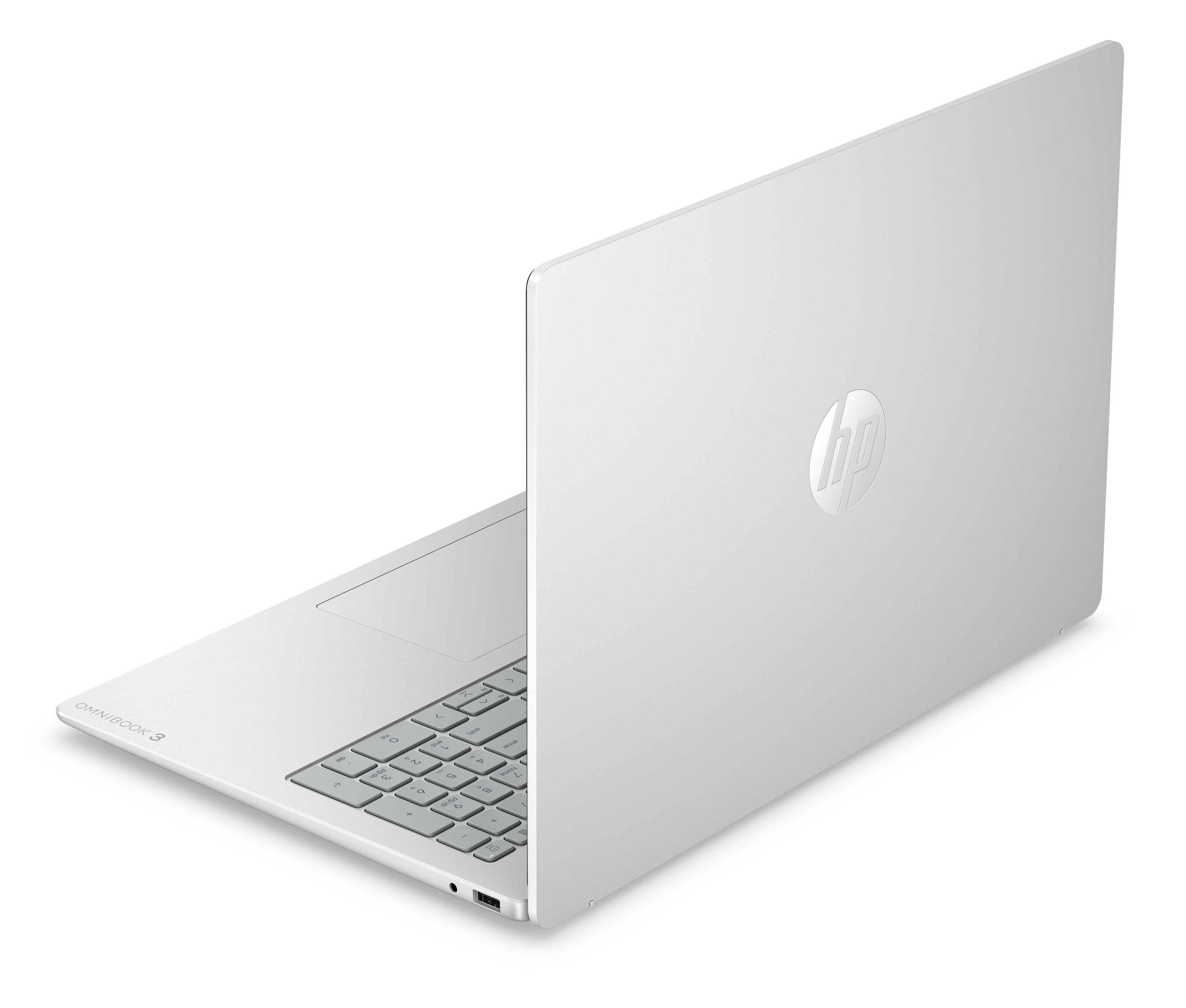 Ein weißer HP Omnibook 3 Laptop mit Tastatur und Touchpad.