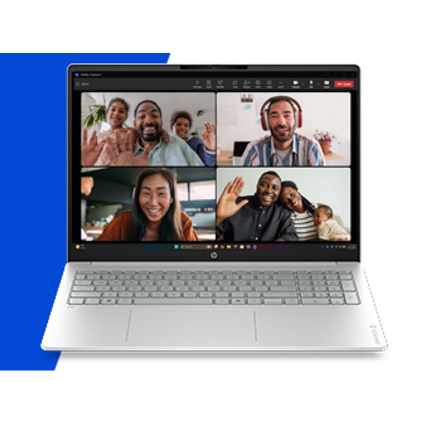 Laptop zeigt Videoanruf mit vier Personen: Familie, Mann mit Kopfhörern, Frau, Familie mit Baby.
