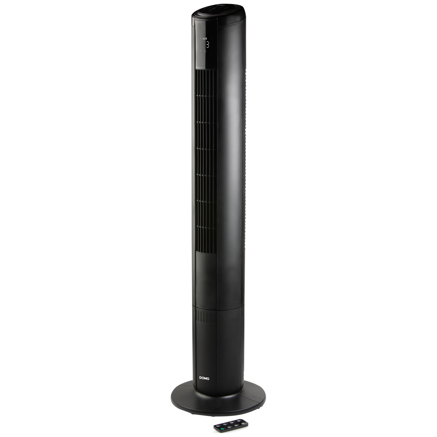 Black tower fan with remote control on a white background.