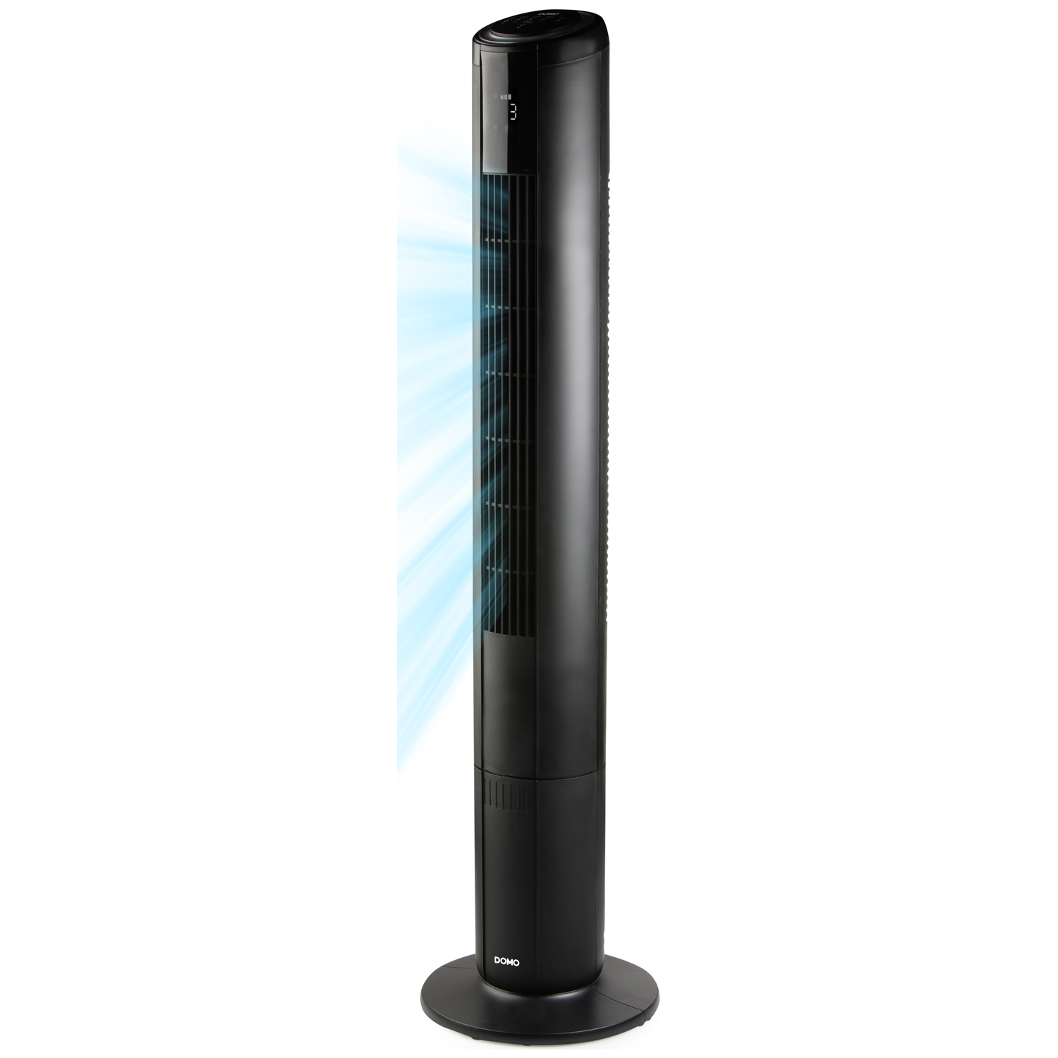 A sleek black tower fan with blue air streams emanating from the top section.