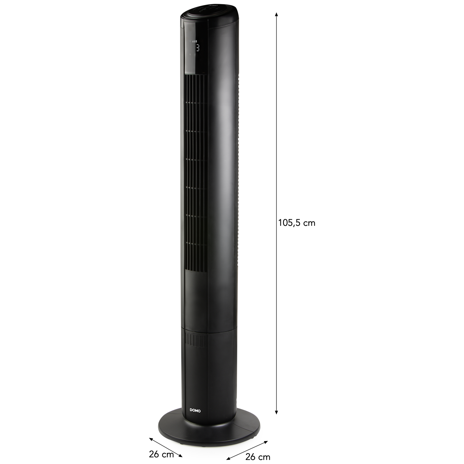 Black tower fan with digital display and dimension markings.