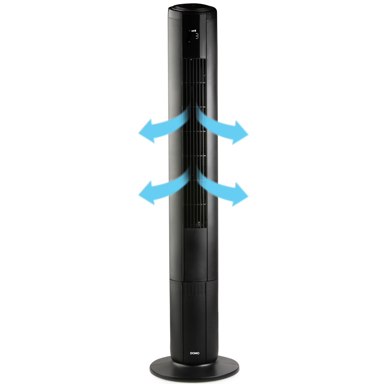Black tower fan with blue arrows indicating airflow. Digital display shows '3'.