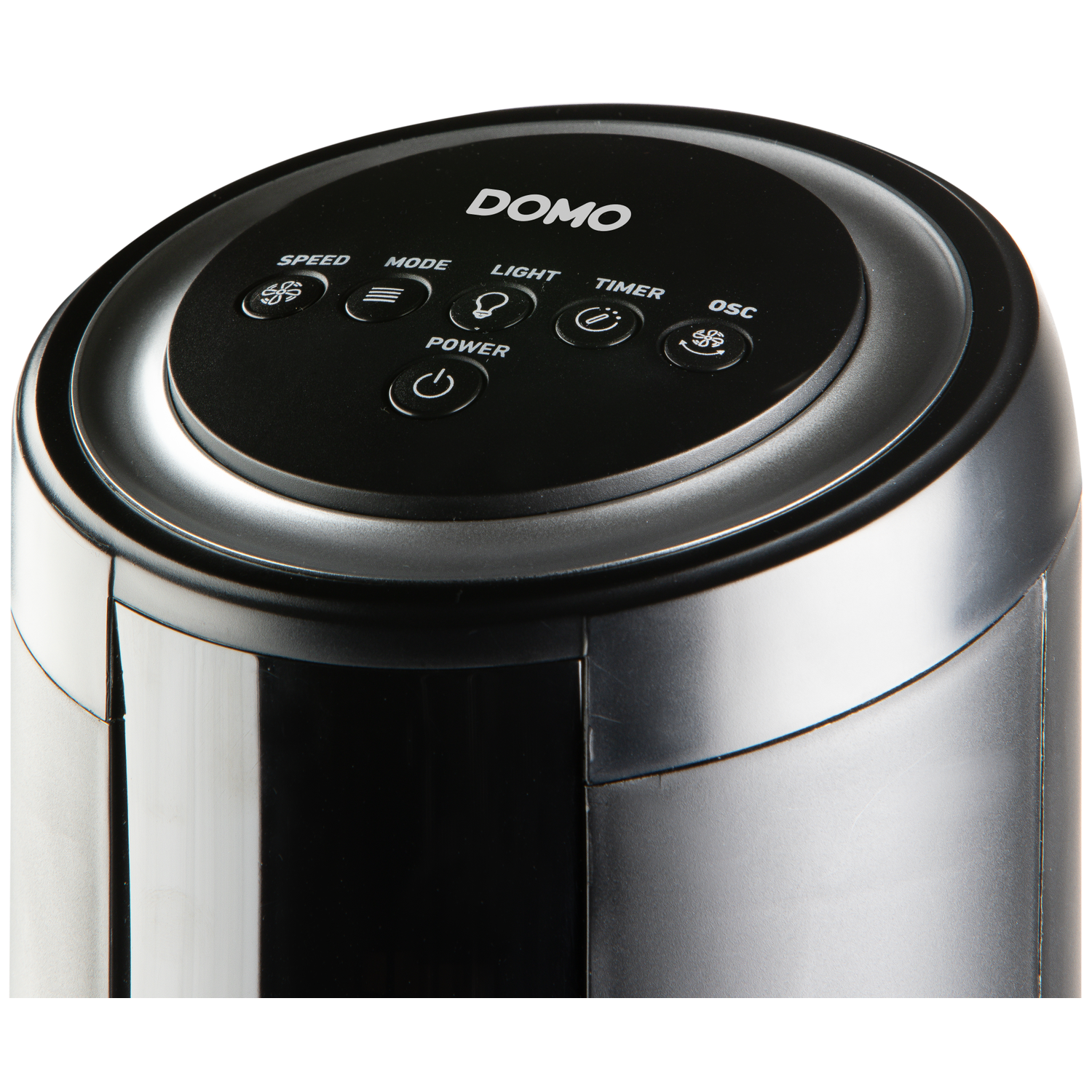 Control panel of a Domo device with buttons for speed, mode, light, timer and oscillation.