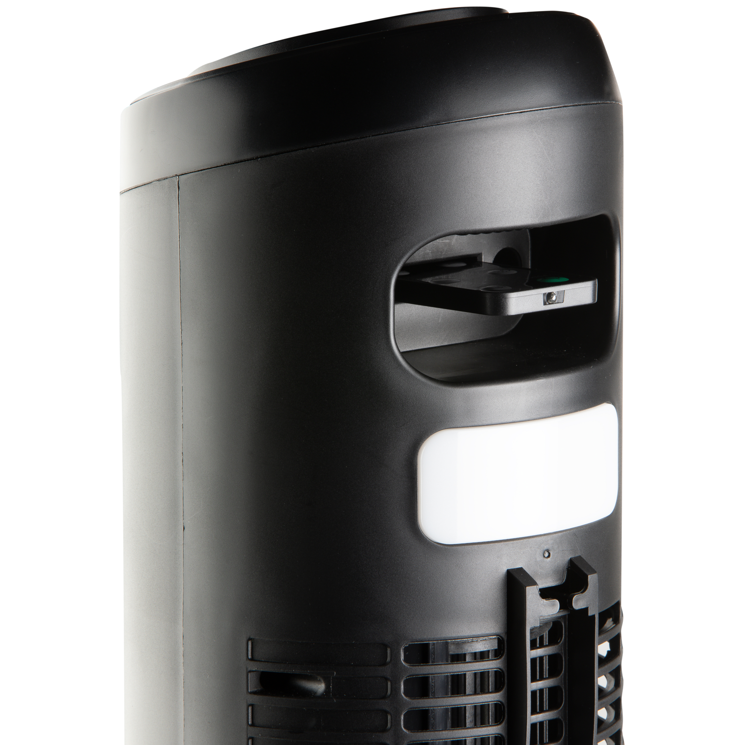 Black tower with a slide-out compartment and a white illuminated panel.