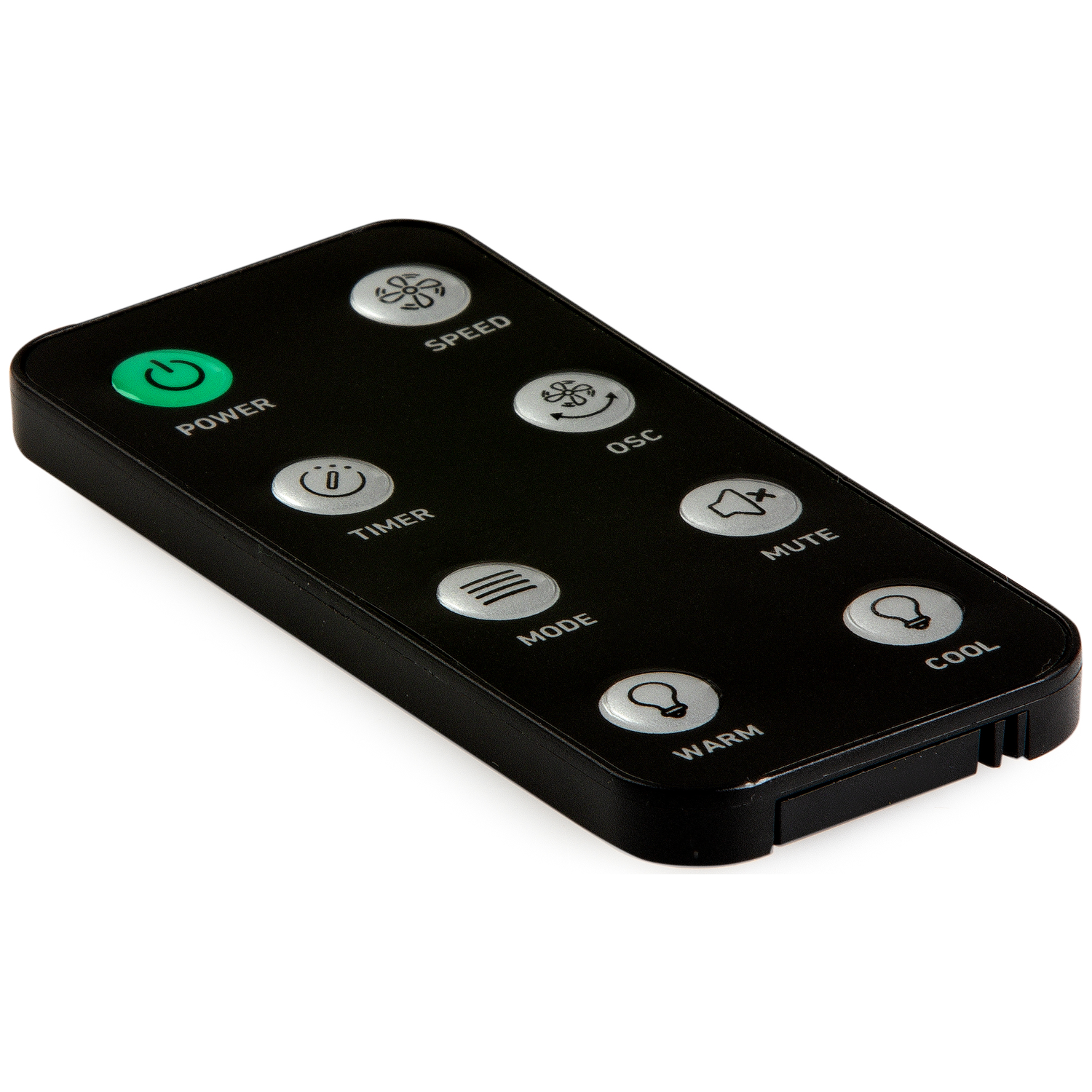 Black remote control with buttons for power, speed, timer, mode, oscillation, mute, warm, and cool.