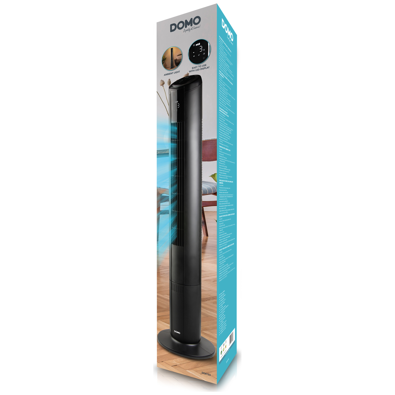Black tower fan with LED display and ambient light on a wooden floor.