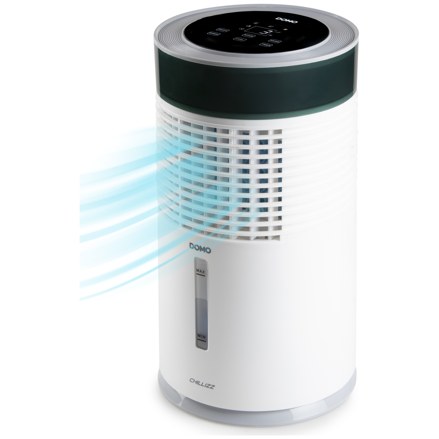 A white air cooler with a blue airflow and a digital display.
