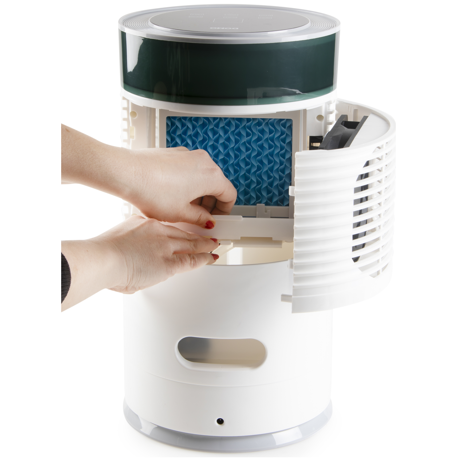 Hands insert a blue filter into a white device.