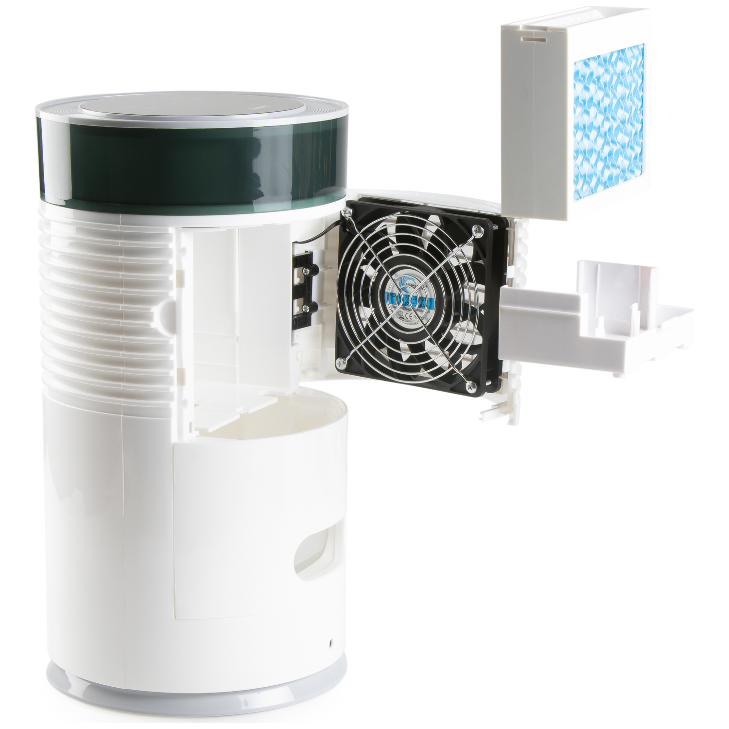 A white air purifier with its casing open, showing a fan and filter.