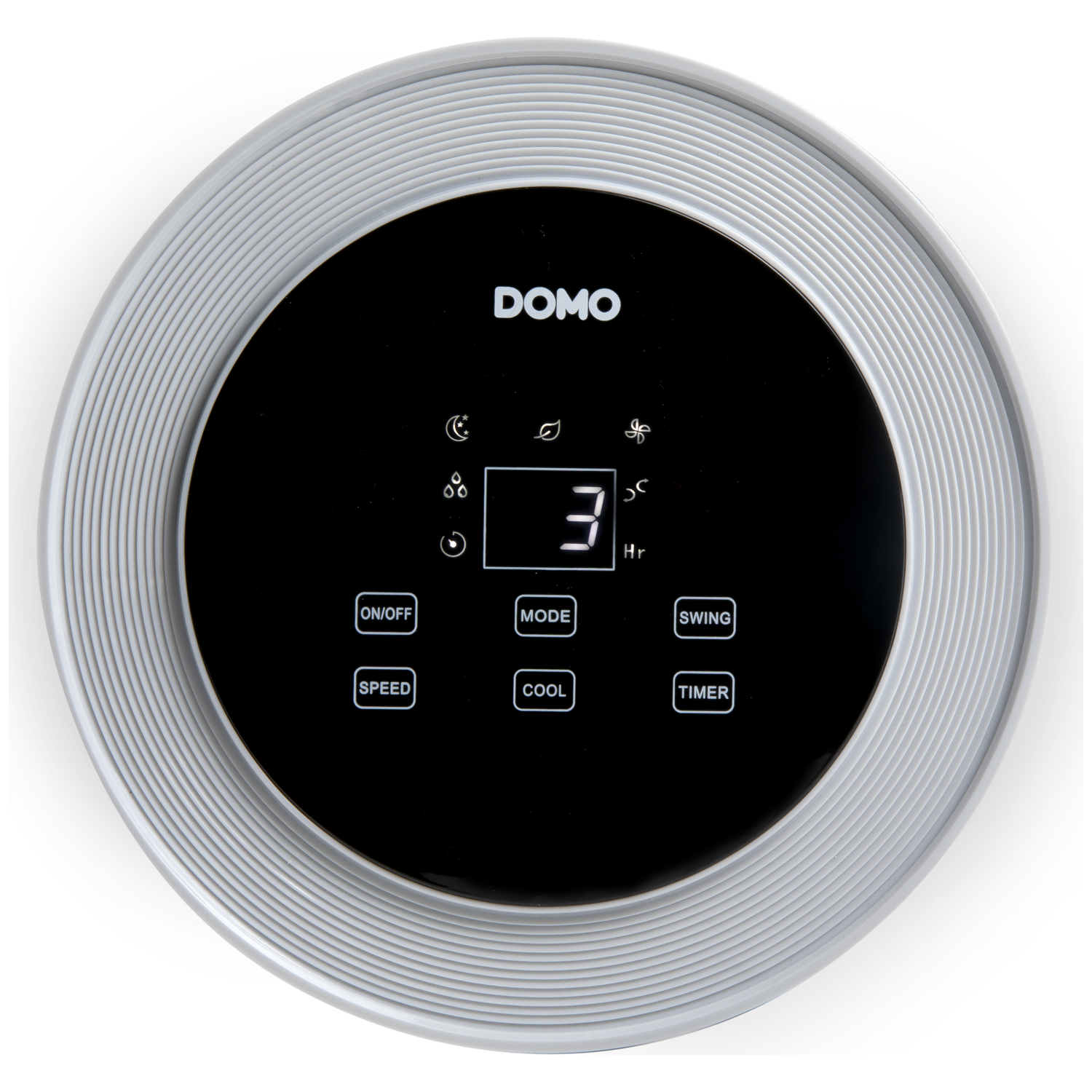 Round Domo air conditioner control panel with black display and buttons.