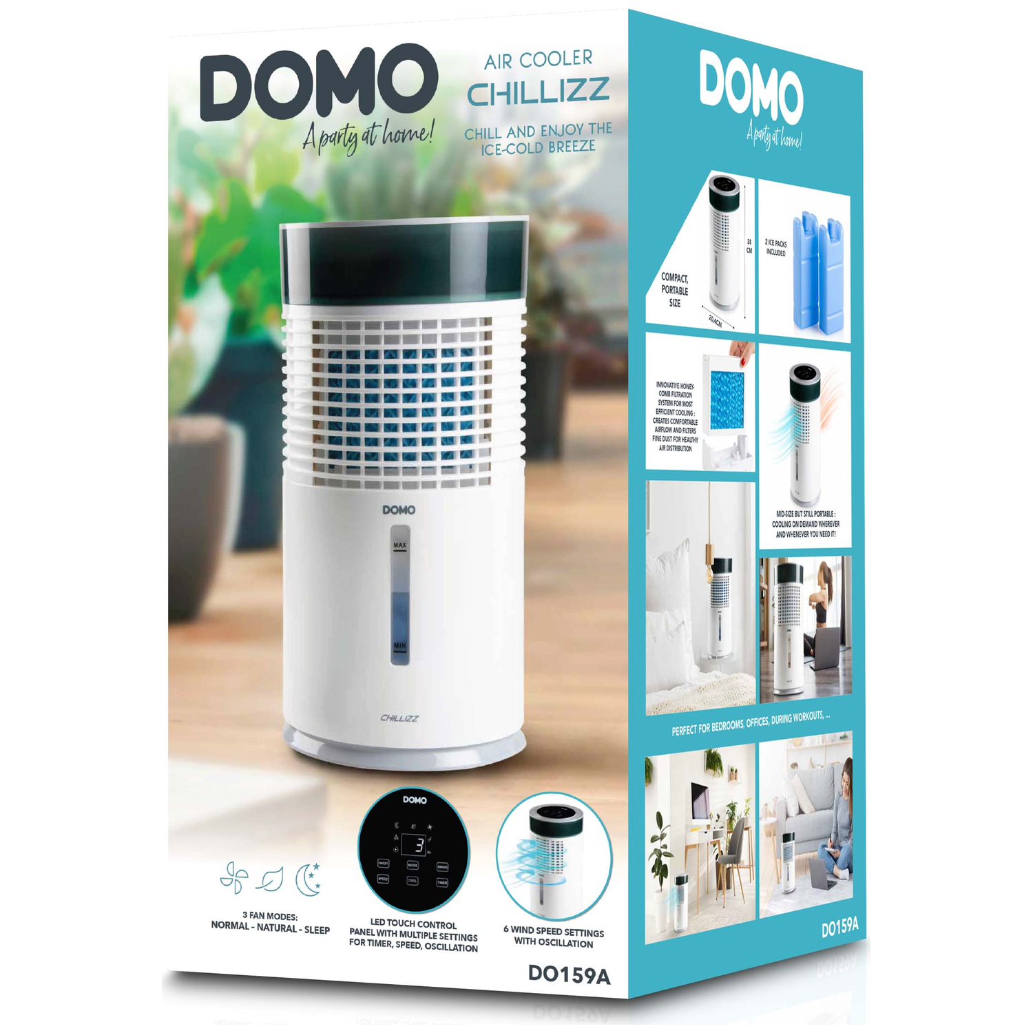 DOMO CHILLIZZ air cooler: Compact, portable, with touch panel and 3 fan modes.