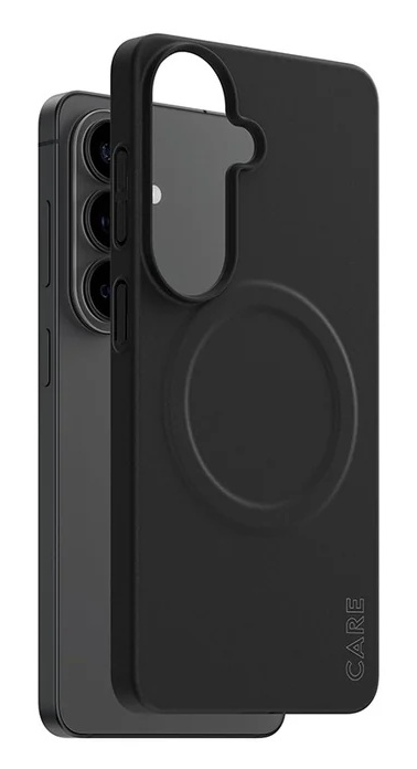 Czarny telefon z trzema aparatami i etui z pierścieniem.