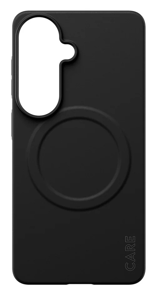 Czarne etui na telefon z okrągłym wycięciem na aparat i pierścieniem.