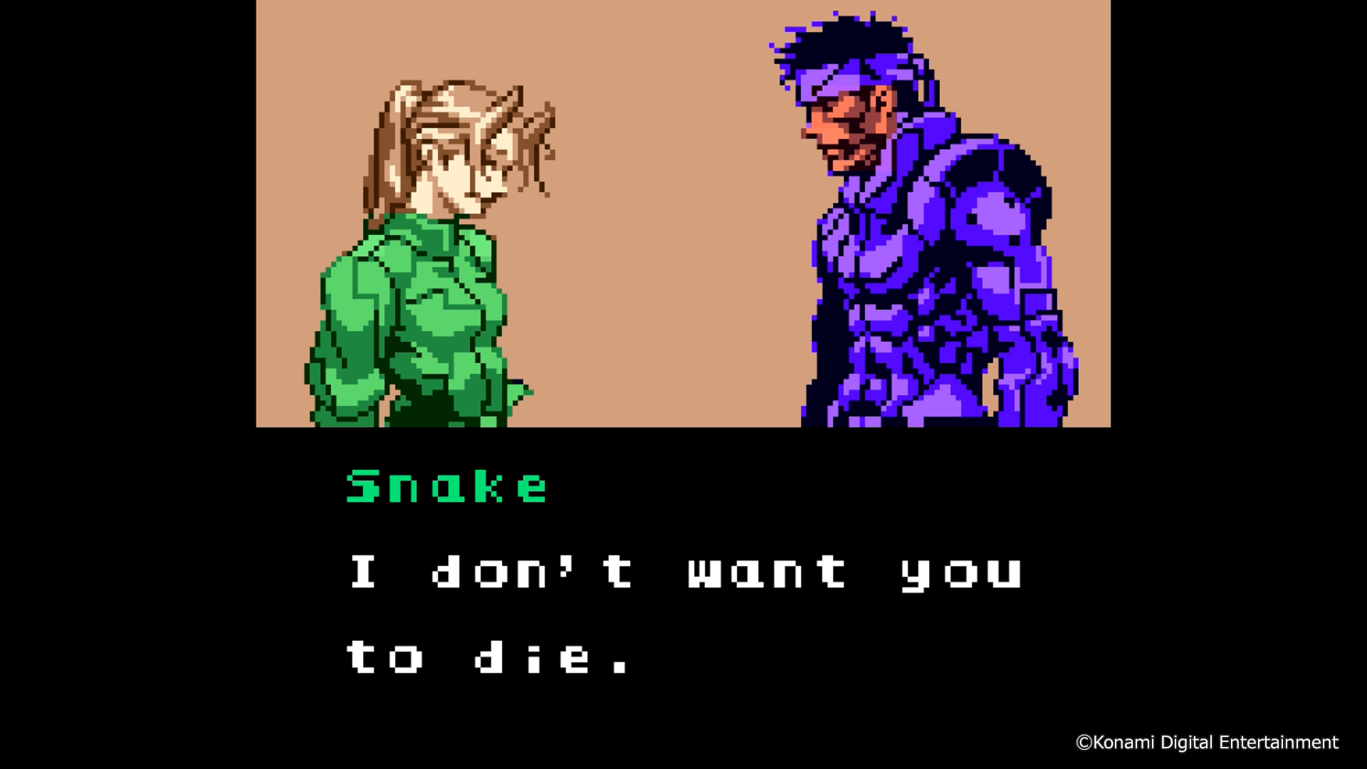 Kobieta w zieleni i mężczyzna w fiolecie stają naprzeciw. Tekst: Snake, nie chcę, żebyś umarł.