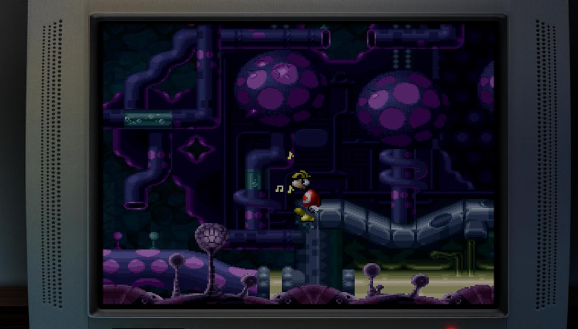Rayman steht auf einer Plattform in einer lila, röhrenförmigen Welt mit Pilzstrukturen.