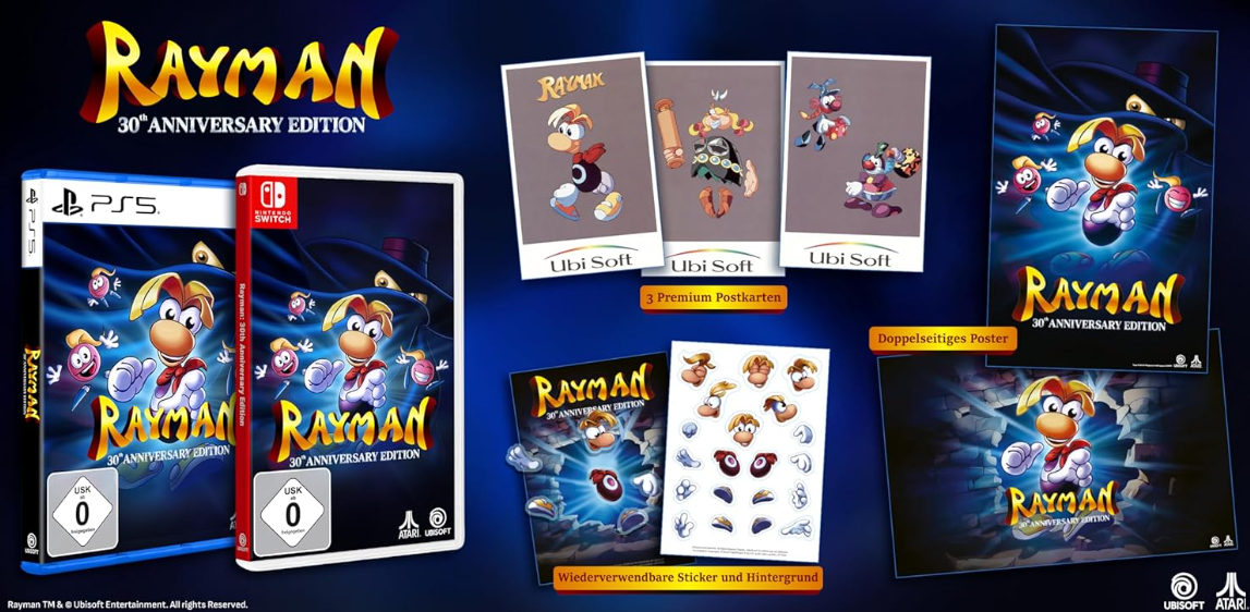 Rayman 30th Anniversary Edition-Verpackungen, Postkarten, Sticker und Poster.