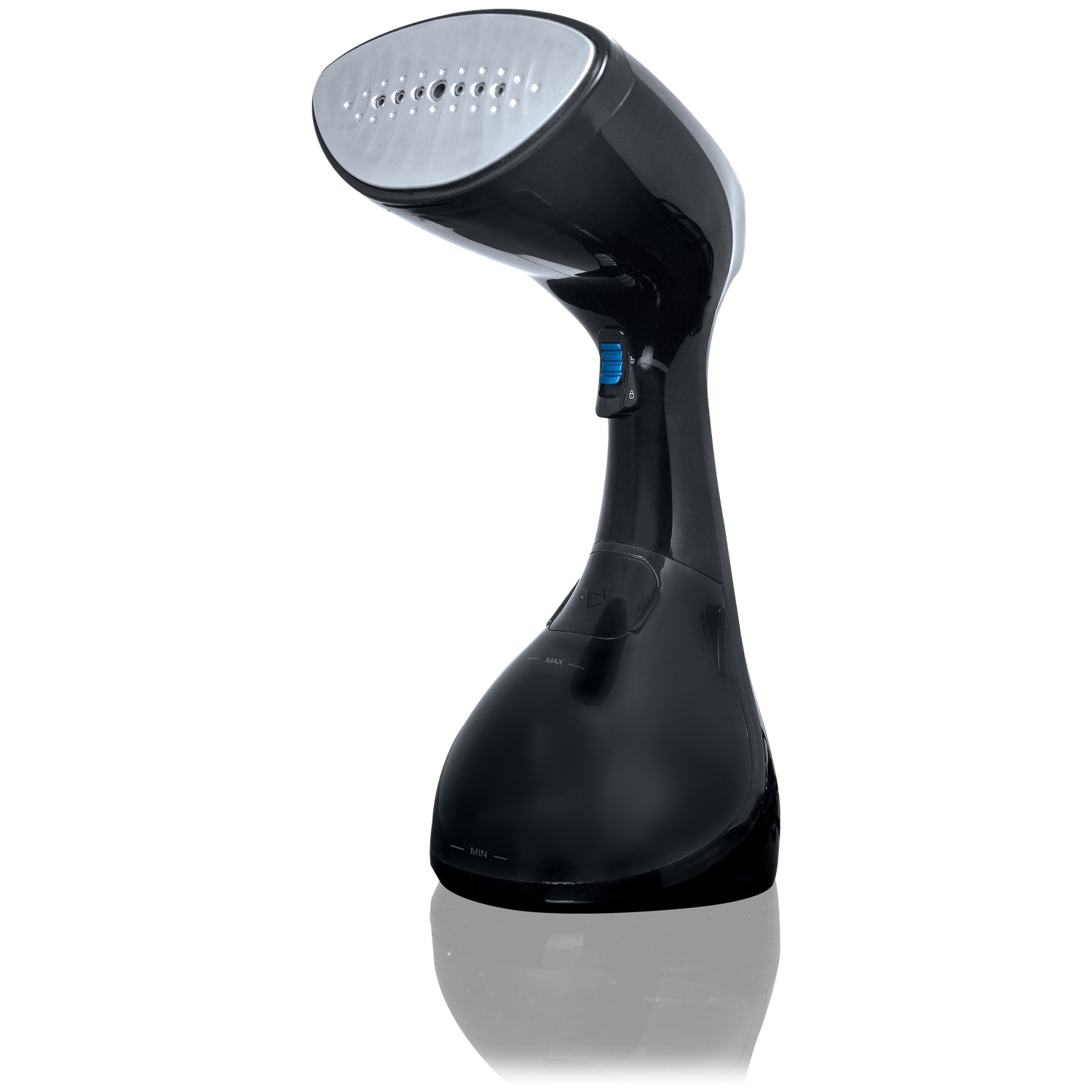 Défroisseur vapeur noir avec semelle vapeur argentée et bouton bleu, sur fond blanc.